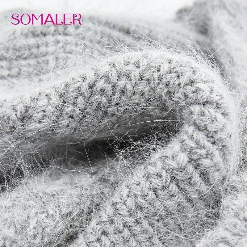 SOMALER Căciulă groasă, călduroasă, pufoasă, din lână angora pentru femei, cu design tricotat cu urechi de pisică, căciulă de iarnă la modă și confortabilă