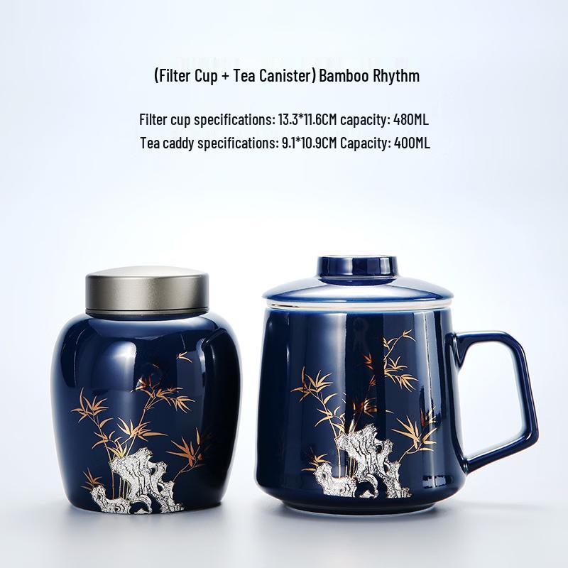 Shangqi Ceramic Tea Mug & Caddy Set - Jilan Golden Bamboo