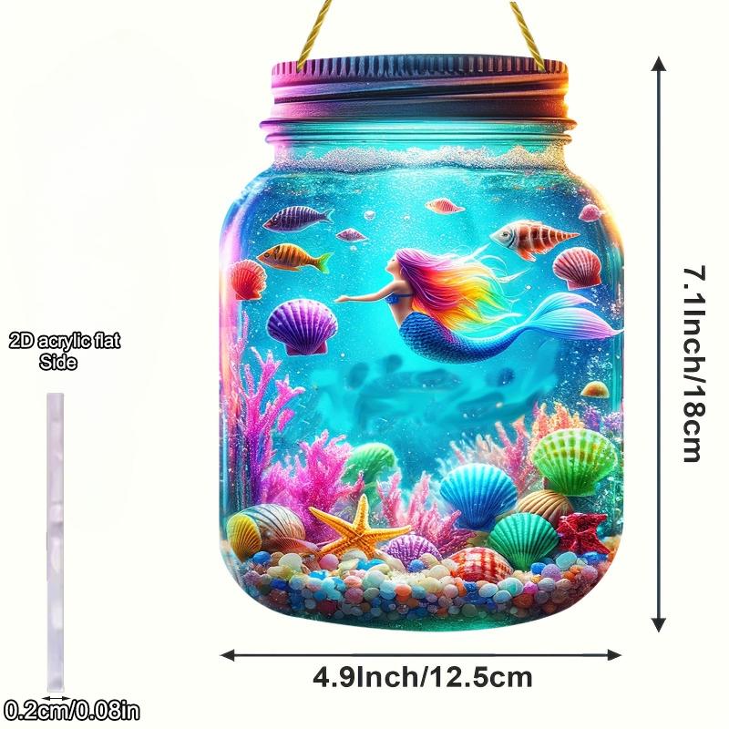 1pcs Acrylic Colored Glass Mermaid Mason Jar, Acrylic Sign, Four Seasons Decoration, with Wall Hanging, Novelty Home Decor
