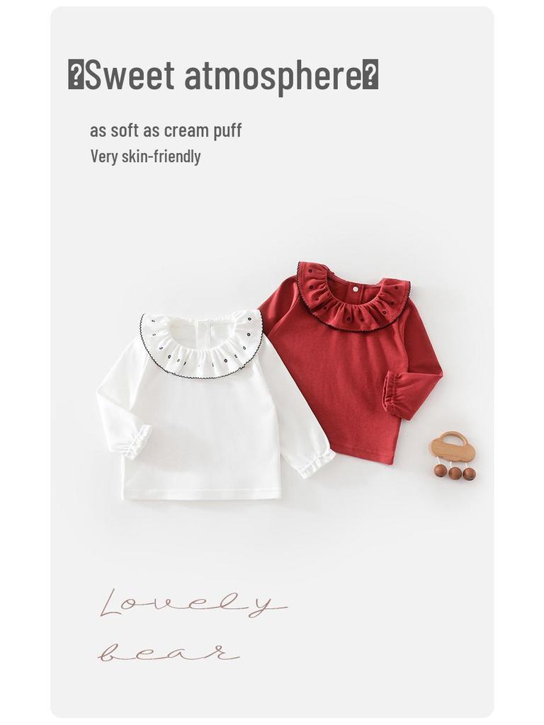 Girls' Stylish Lace Long-Sleeved Cotton T-Shirt - Versatile Base Layer for Spring and Autumn.