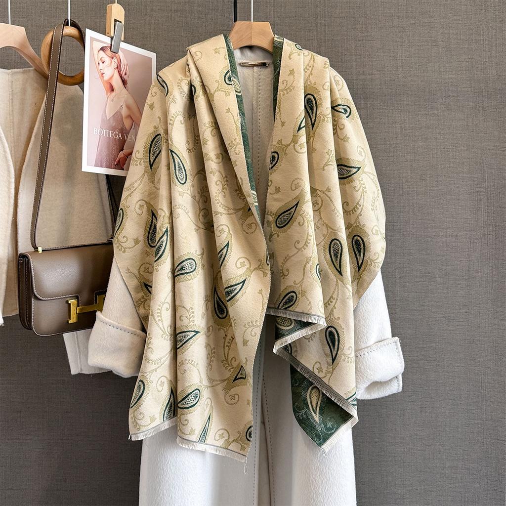Autumn and winter versatile long fringed scarf women's imitation cashmere cashew flower shawl scarf