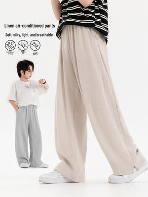 2026 Summer Boys' Wide-Leg Cotton Linen Pants: Lightweight, Solid Color, Casual Style for Middle and Big Kids