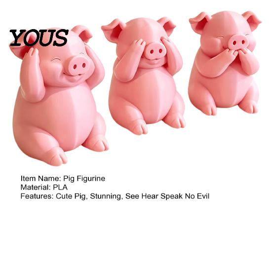 Cute Desktop Accessories for Workstation 3 Pcs Mini Pig Figurines, 3D Printed See Hear Speak No Evil Adorable Animal Figurine Home Decor Pink Statue,