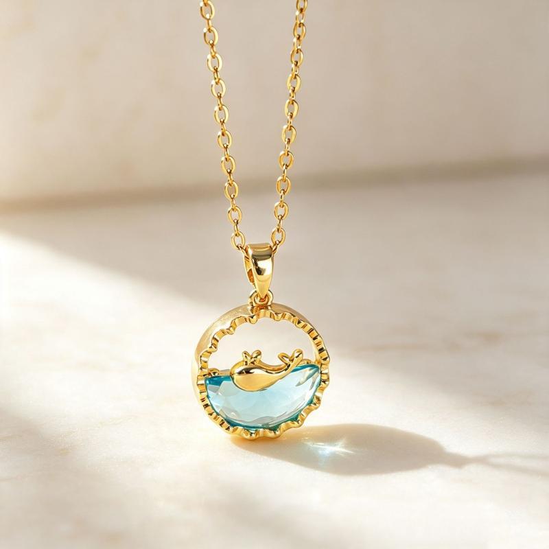 Cute Sweet Blue Crystal Sea Whale Pendant Necklace For Women New Creative Design Summer Collar Jewelry Gift