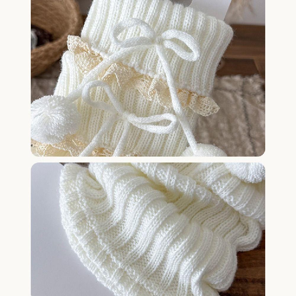 Simple Y2K Knitted Leg Covers Lace Sweet Lolita Bowknot Boots Cover Warm with Plush Balls Mid-tube Socks Girl