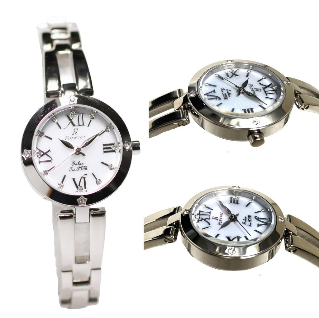 Solar 10 ATM Water Easy Strap Adjustment Tools Bracelet Japanese Solar Date Perfect White Roman Dial Ladies' Watch, Resistant, (No Required!),