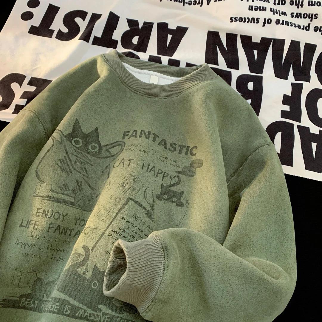 

Women and Men Cartoon Sweatshirts Loose Sports Round Neck Tops Autumn Clothing T Letter Printed Long-sleeve XXXXXL зелений