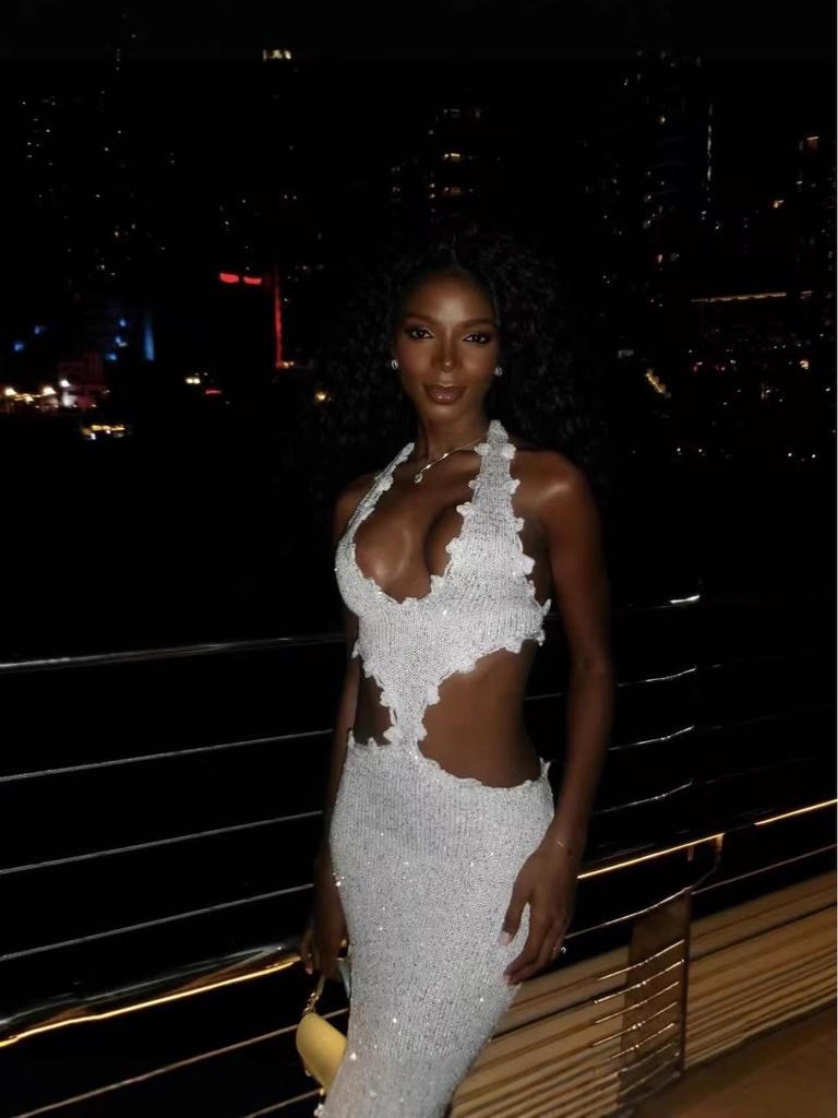 Spring/Summer Deep V Cut-Out Lurex Hand-Crocheted Knit Dress with Lace-Up Slit