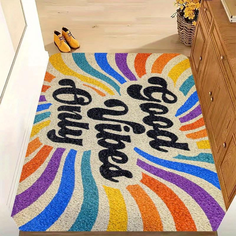 Rainbow Stripe Style Good Vibes Only Print Non-Slip Floor Mat Washable Decorative Area Rug for Entryway Living Room Bedroom