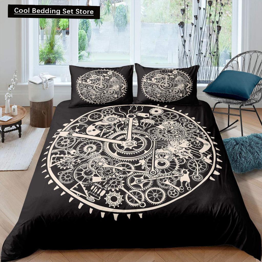 Golden Industrial Gear King Full Duvet Cover Steampunk Style Bedding Set Mechanical Device Quilt Cover Polyester Comforter Cover
