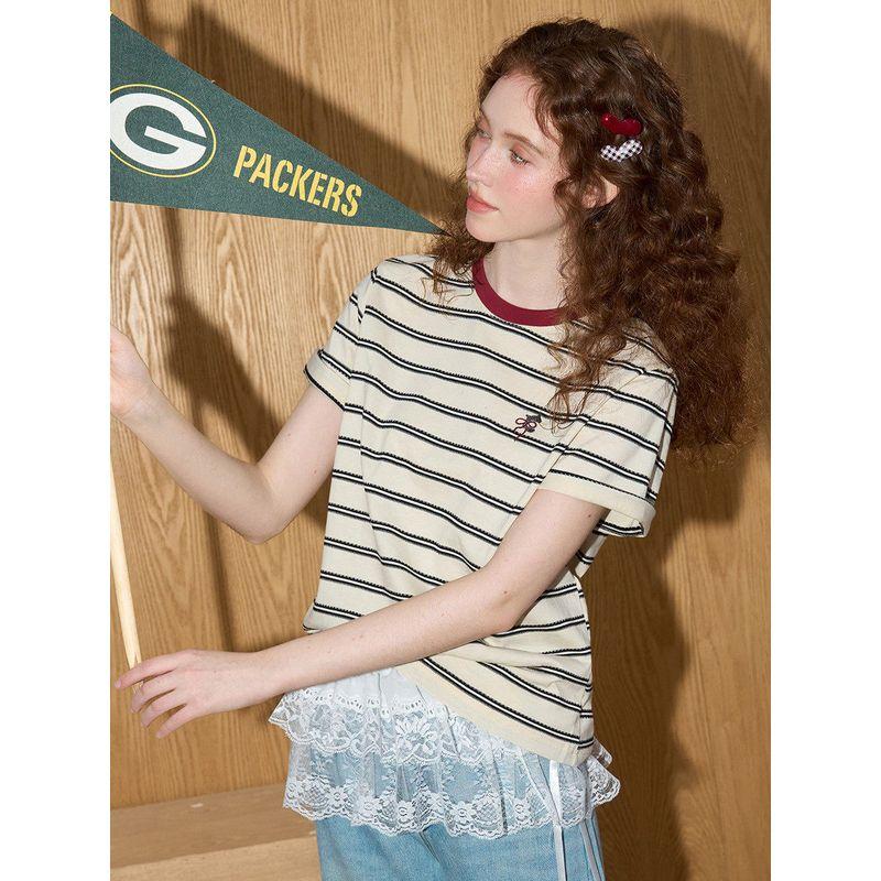 Coolhut Color-Blocked Neckline Loose Casual Striped Age-Reducing College Style Slimming 2025 Summer Women's T-Shirt Pure Cotton