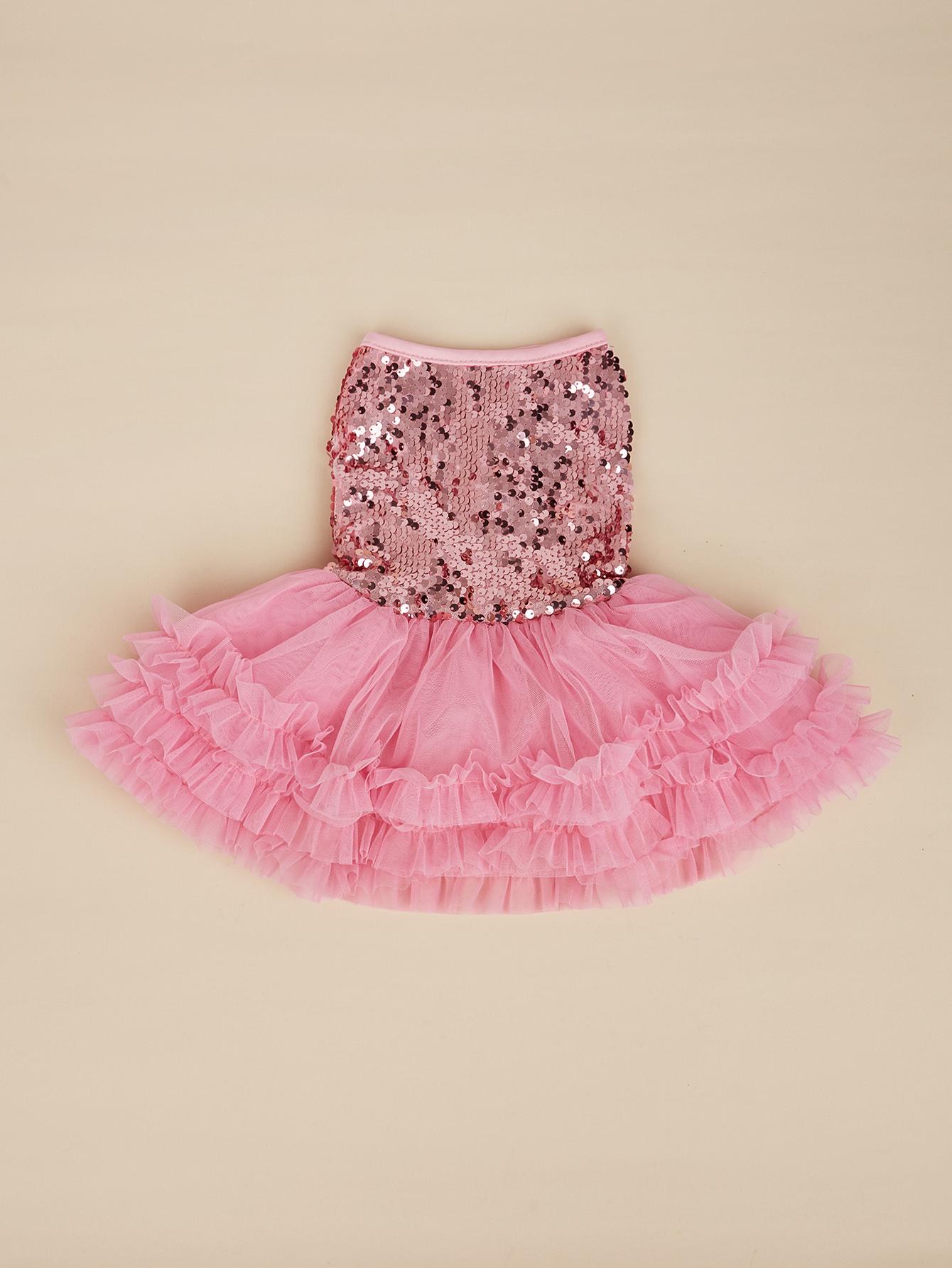 

Dog Dress Girl Dog Sleeveless Clothes Sequin Pet Apparel Doggie Tutu with Tulle Cat Clothing Puppy Dresses Doggy Costume XS（old） рожевий