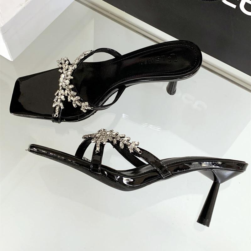 Fashion Luxury Rhinestone Open Toe Heeled Shoes Woman Satin Square Toe Designer Women Sandals Fashion Elegant Thin Heeled Slide Sandals