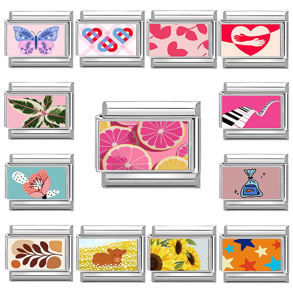 Y2K Pink Sunset Heart Butterfly Piano Star Flowers Italian Charm Links Fit 9mm Stainless Steel Women DIY Making Bracelet Jewelry