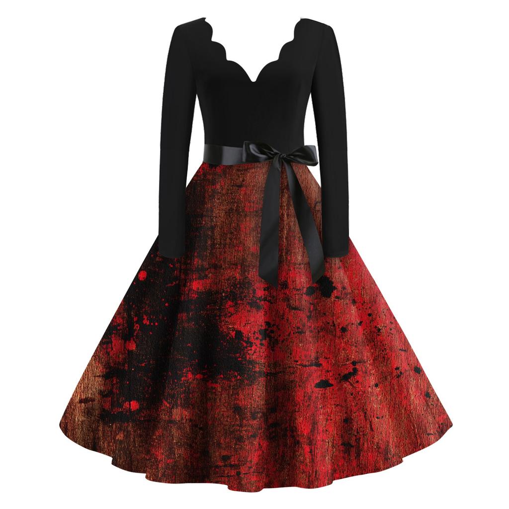 Kvinners uformelle mote Halloween trykt V-hals vintage kjole