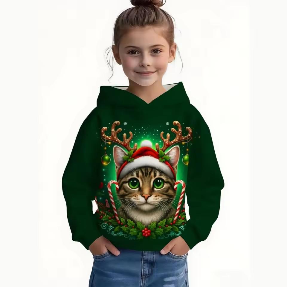 Cartoon Cat Full Print Girl Trendy Hoodie Sweatshirt, Comfort Fit Long Sleeve Jumper Tops, Children Kids Clothing Gift