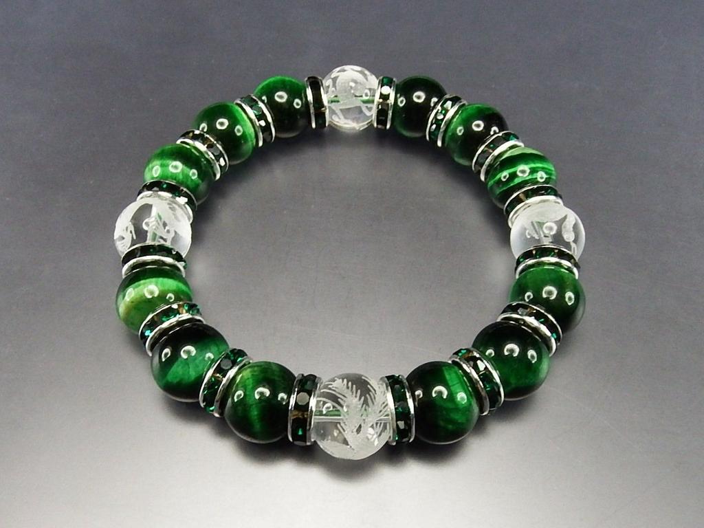 isigaii Natural Green Tiger Eye Crystal Hand-Carved Four Gods Rondelle Bracelet, Approx. 12mm, Power Stone
