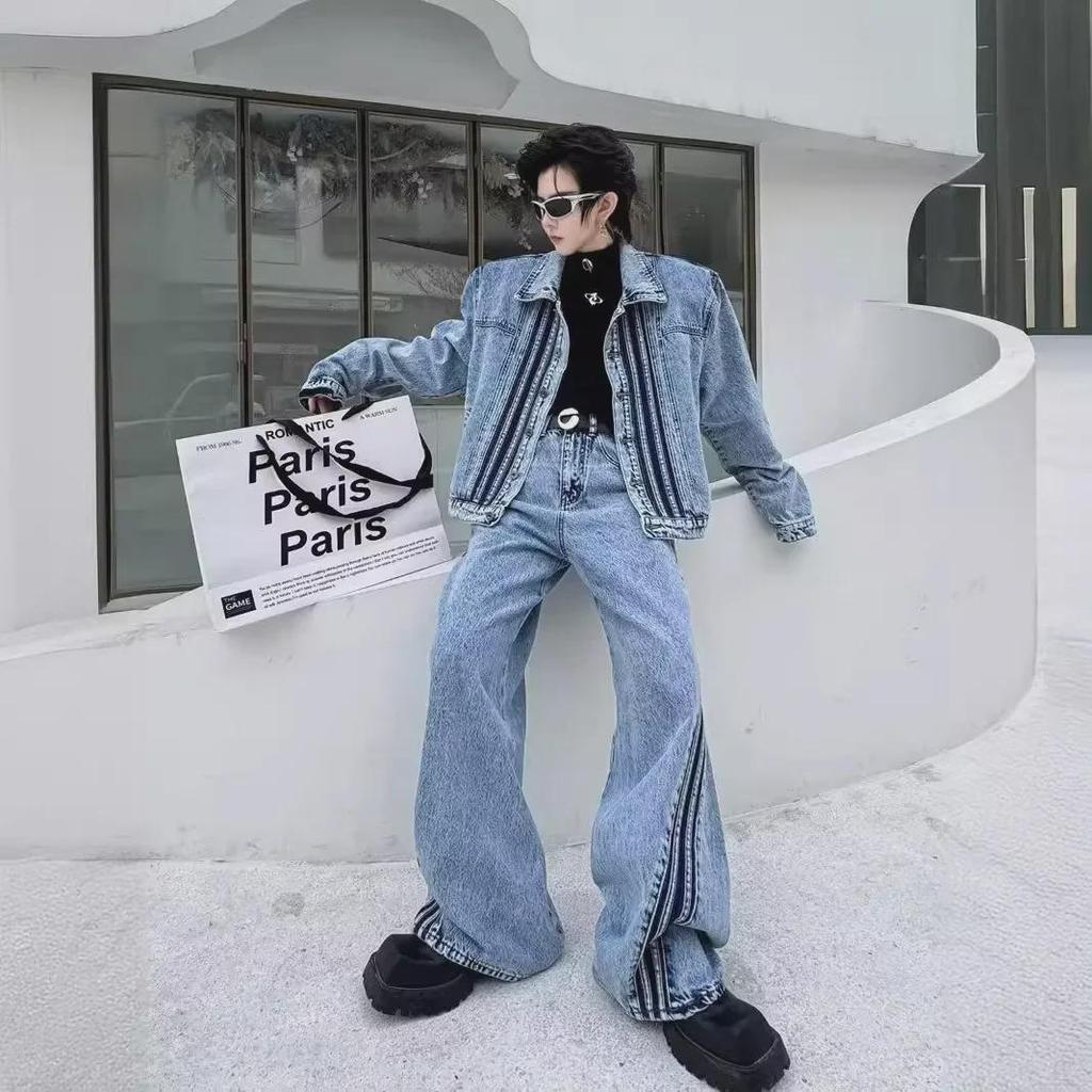 "Unisex Vintage Washed Denim Suit: High-End, Trendy, Versatile Casualwear"