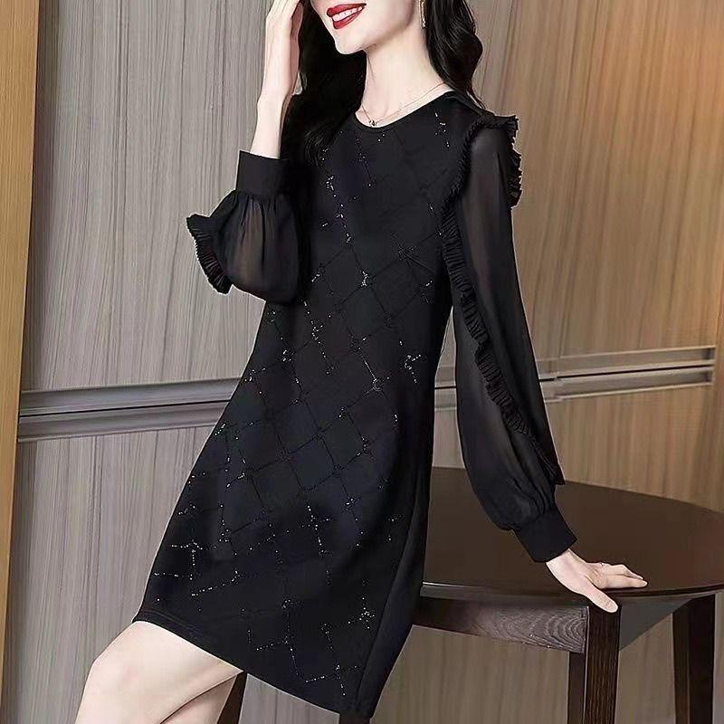 2026 Hepburn-Style Long Sleeve Black Chiffon Patchwork Plus Size Dress