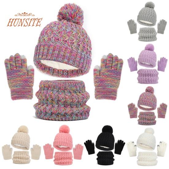 

3 шт./компл., зимняя детская плюшевая декоративная шапка с шариками, вязаная шапка-бини, шарф с флисовой подкладкой, комплект утолщенных перчаток, теплые аксессуары для девочек и мальчиков