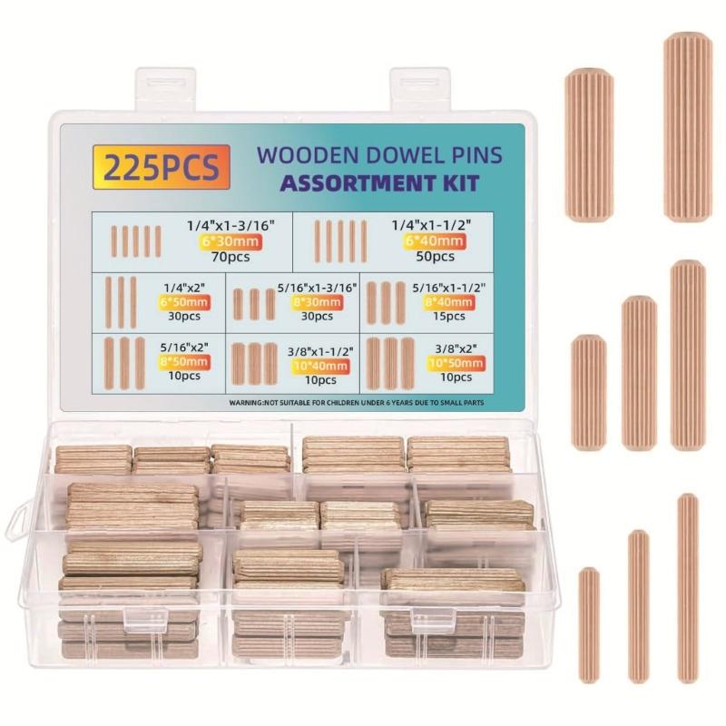 225Pcs Wooden Dowel Cabinet Drawer Furniture Fitting Wooden Dowel Pin Round Fluted Wood Craft Dowel Pin Rod Set 1