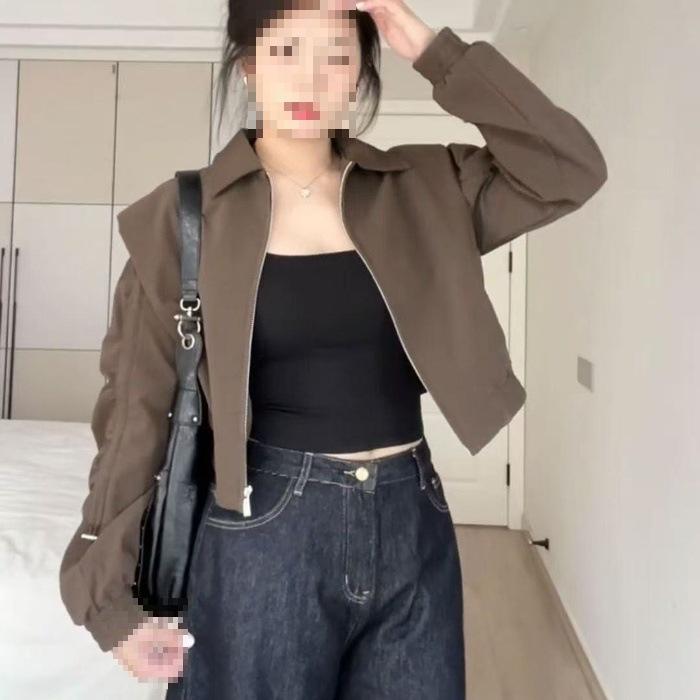 Original Fabric Short Jacket with Inner Drawstring - Autumn American Style Slim Fit Extra Large