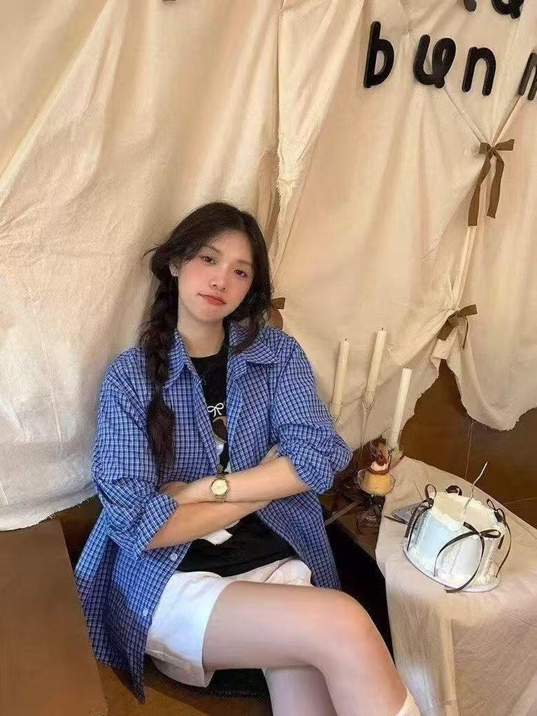 Blue Plaid Korean Style Women's Shirt - Spring/Summer, Autumn Sun Protection, Loose Slimming Design
