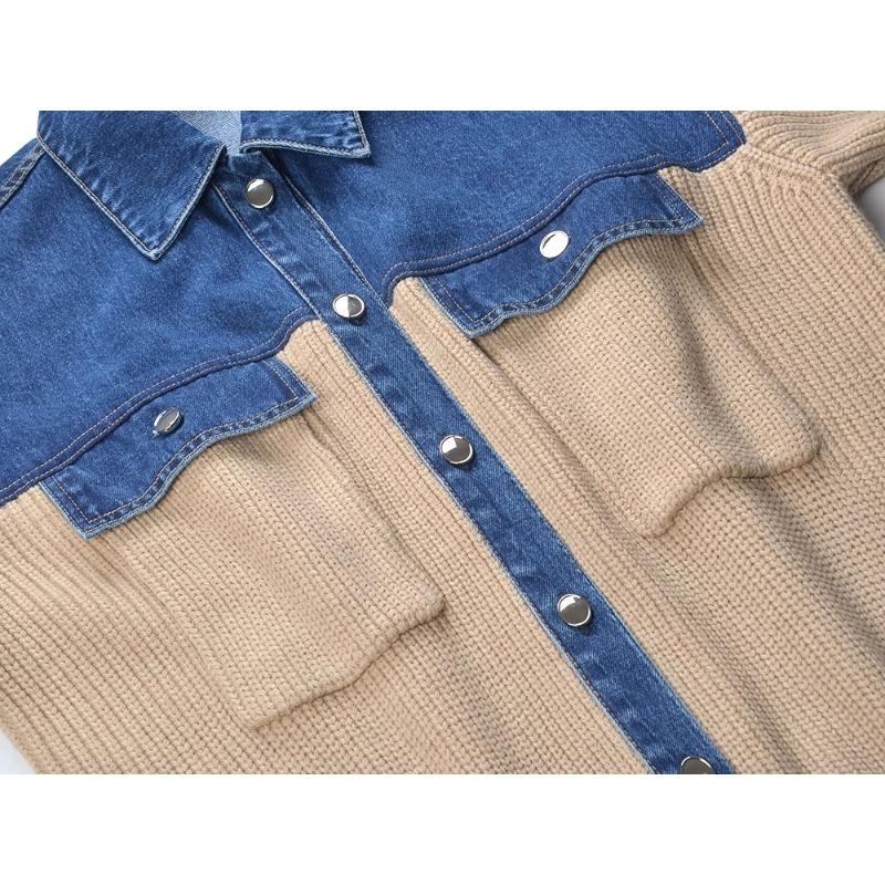 Autumn New Jacket Women Sweaters Coat Patchwork Wadded Coat Cardigan Knitting Pockets Fake Two-Piece Sweater