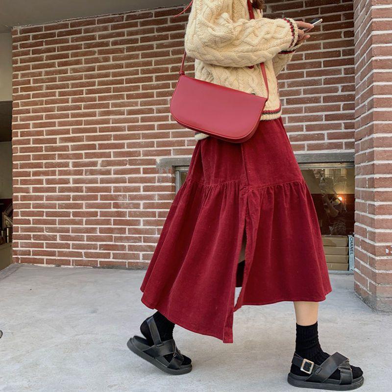 Autumn Winter Women's Burgundy Corduroy Midi Skirt Versatile Slim-Fit High Waist Plus-Size Asymmetrical Long Skirt