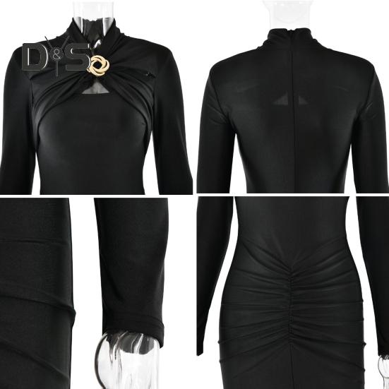 Dámské večerní šaty s vyhloubeným tělem, kovová spona nařasená elastická čistá barva midi šaty s dlouhým rukávem, plesové šaty