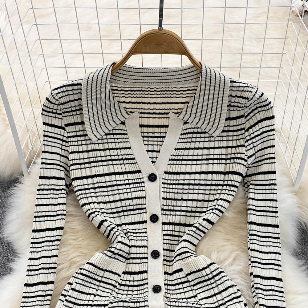 Vestido tipo suéter de punto a rayas con cuello vuelto para mujer, prendas de punto informales con un solo pecho hasta la rodilla, moda de otoño