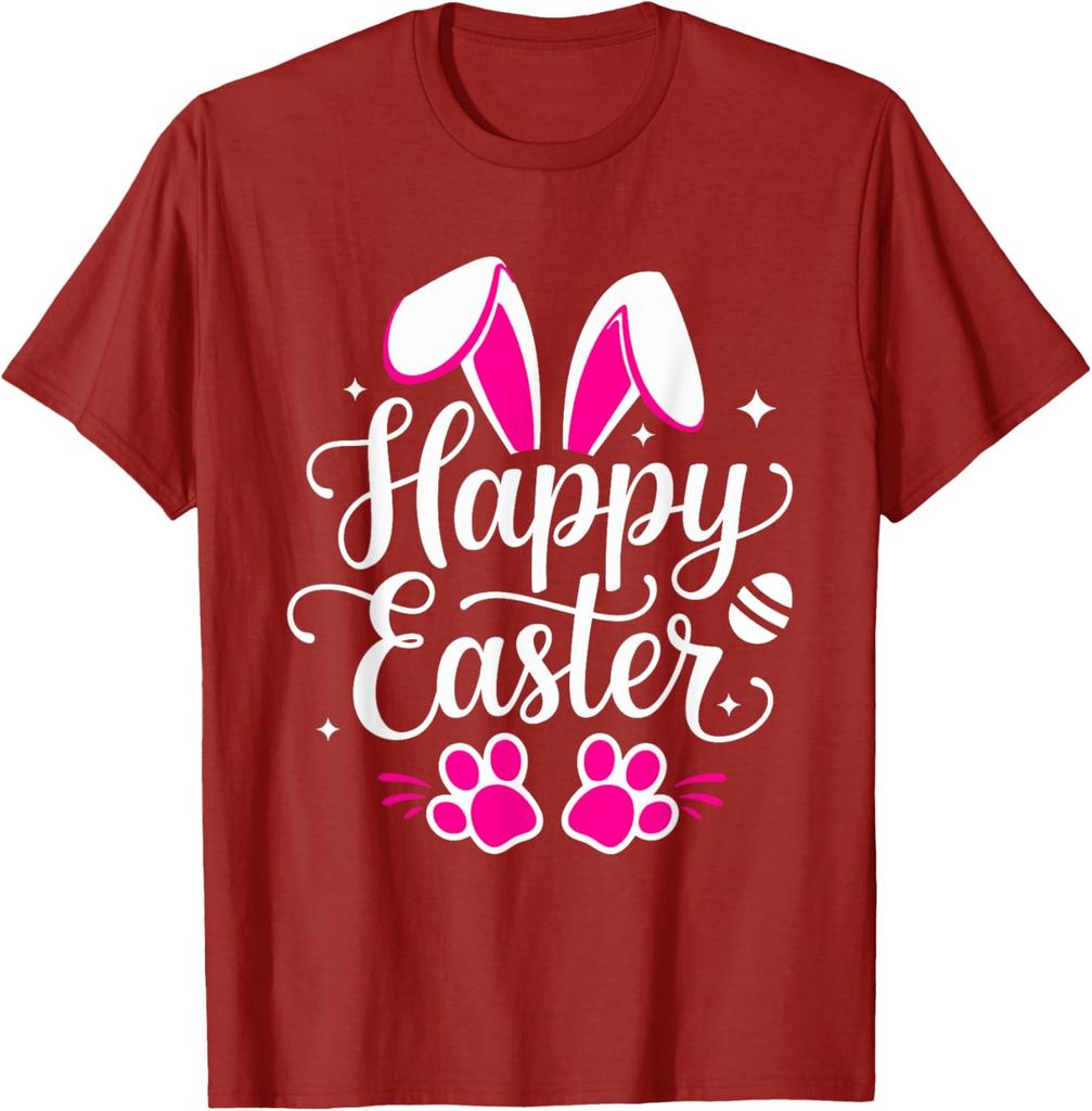 Happy Easter Bunny Paw Print Graphic Tee Casual Short Sleeve T-Shirt Daily Wear