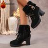 Fashion High Heel Women Platform Snow Boots Fashion Round Toe Side Zipper Short Tube Plush Shoes Crystal Decor Fleece Lined Botas Mujer