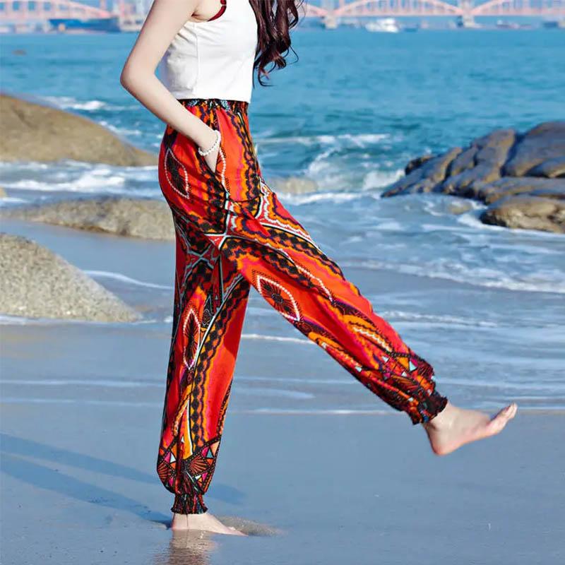 

Женские летние хлопковые и шелковые дышащие пляжные брюки, свободные леггинсы в праздничном стиле, шаровары, брюки с принтом M
