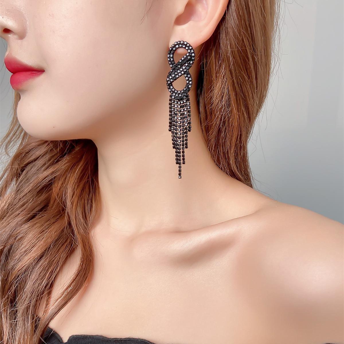 

Европа и Соединенные Штаты Роскошные высококачественные черные серьги с длинными кисточками, полные бриллиантов, серьги с преувеличенной индивидуальностью, женские серьги