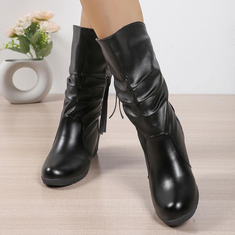 Mode Keil Baumwollstiefel Herbst Winter Neu Runde Zehe Seitenreißverschluss Plateau Rutschfest Verschleißfest Mid-Tube Stiefel