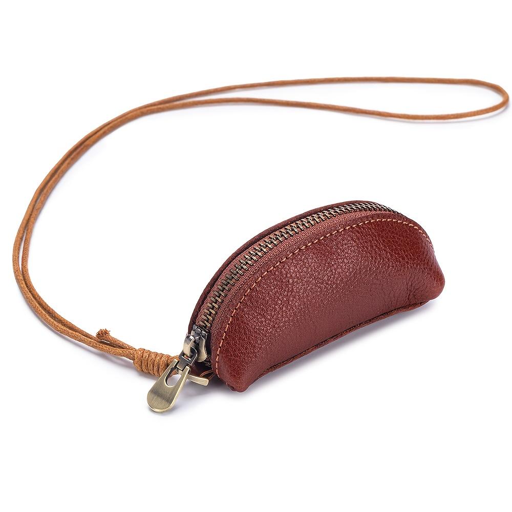 Women's Vintage Mini Hanging Neck Bag - Zippered Organizer Purse with Cord, Top Grain Cowhide Leather - Compact Makeup, Coin, Key, Earphone Case
