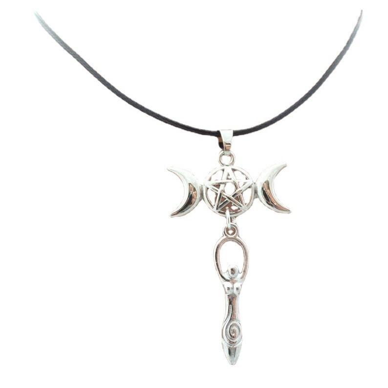 Gothic Triple Moon Goddess Star Necklace - Pentagram Fashion Pendant Necklace - Wicca Jewelry