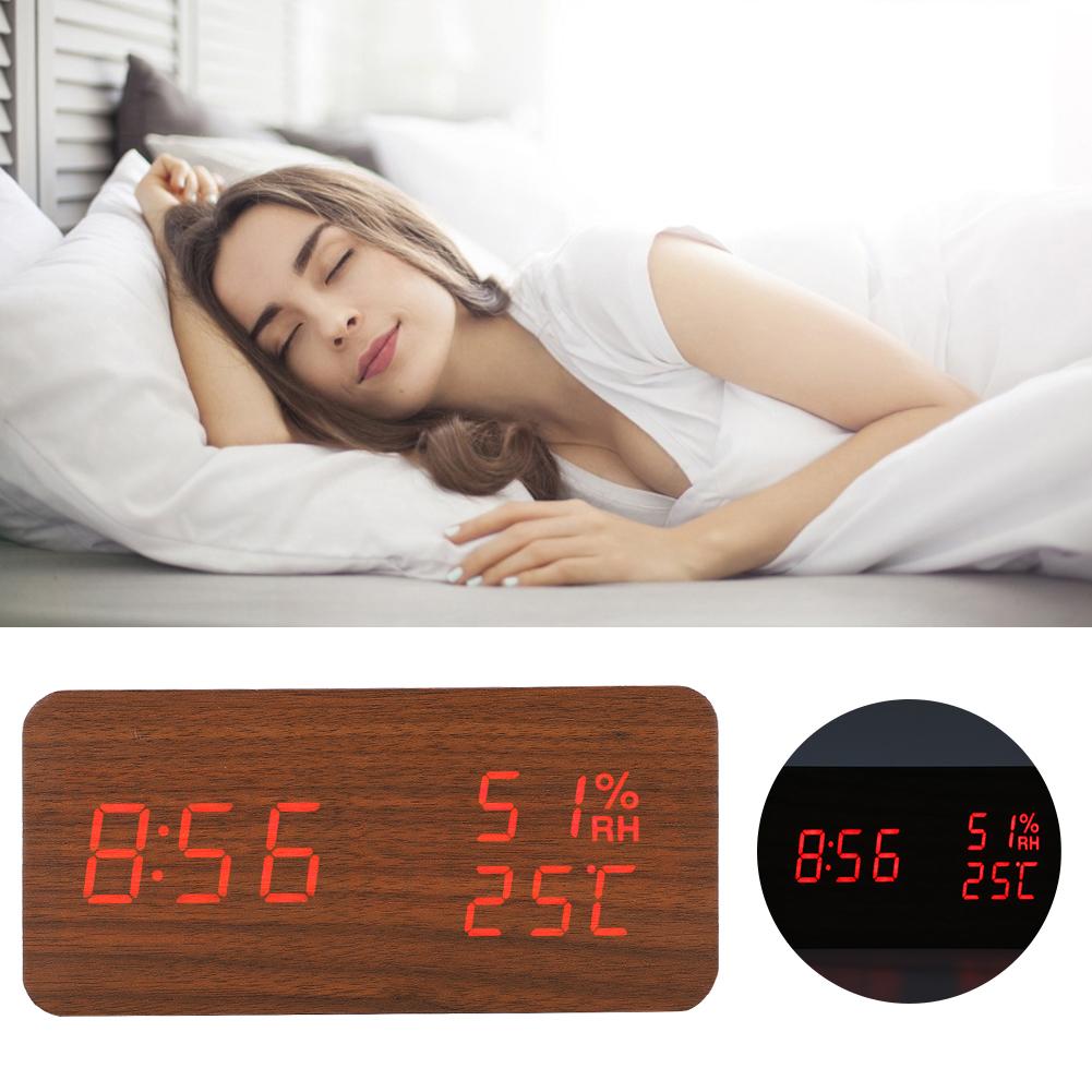 Wooden Alarm Clock LED Voice Control Desk Rectangular Brown Wood Red Light Digital Clock