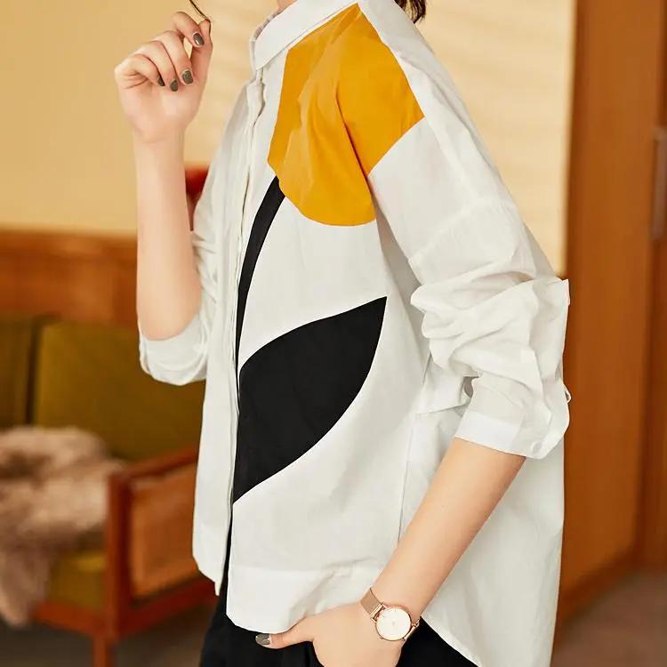 Fashion Printed Shirts Women Patchwork Design Long Sleeve Shirt Casual Loose Oversize Blouse Spring Summer Trend Thin Shirt