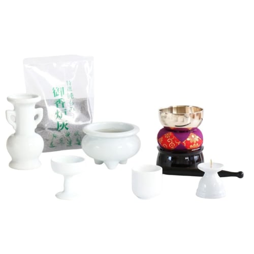 Buddhist Altar Set, Plain White Porcelain, 5 Pieces + Bell Set, Incense Burner Ash Included, for 49th Day Memorial Service, Altar Decoration