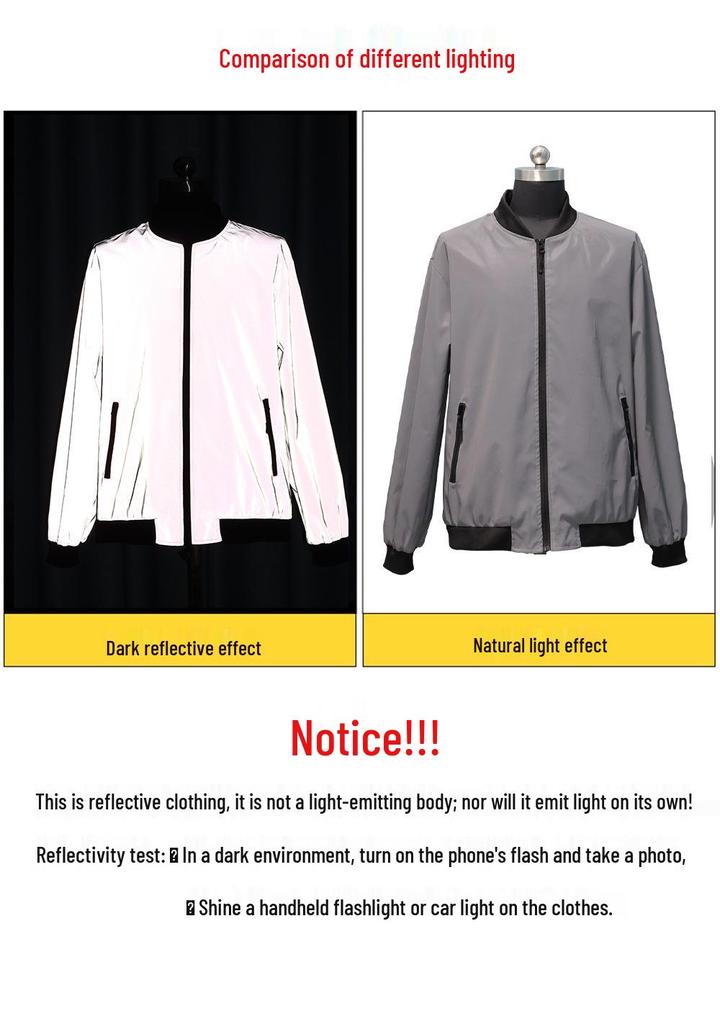 Spring/Autumn Reflective Silver Jacket - Hip Hop Style, Loose Fit, Luminous Outerwear for Night Running