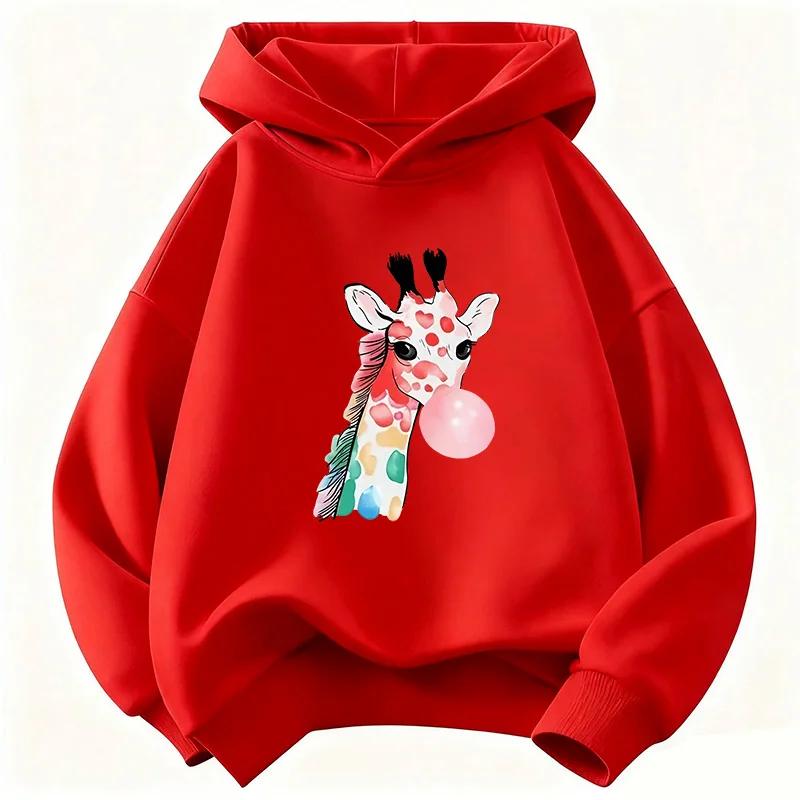 Giraffe Print Rubber-print Children's Hoodie, 90s Style, Suitable for Both Boys and Girls, Casual Hip-hop Clothing.