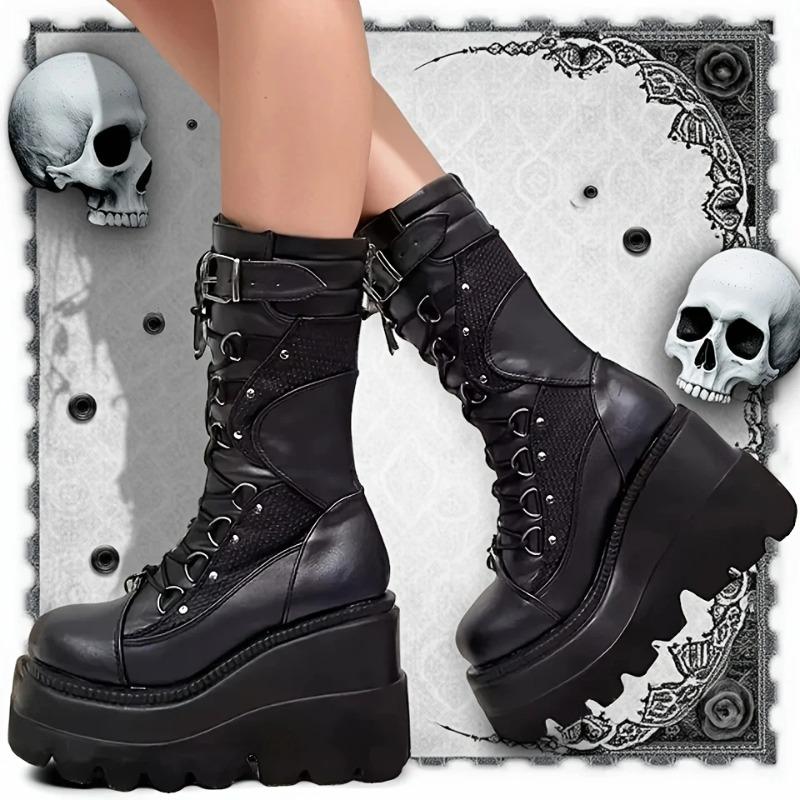 Ladies Goth Platform Boots Fashion Rivet Buckle Punk Wedges High Heels Women's Boots Party Street Cosplay Woman Shoes