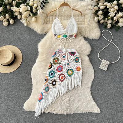 Gestrickte Strand Zwei Stücke Anzüge Frauen Strap Mini Camis + Röcke Set Streetwear Aushöhlen Casual Sets