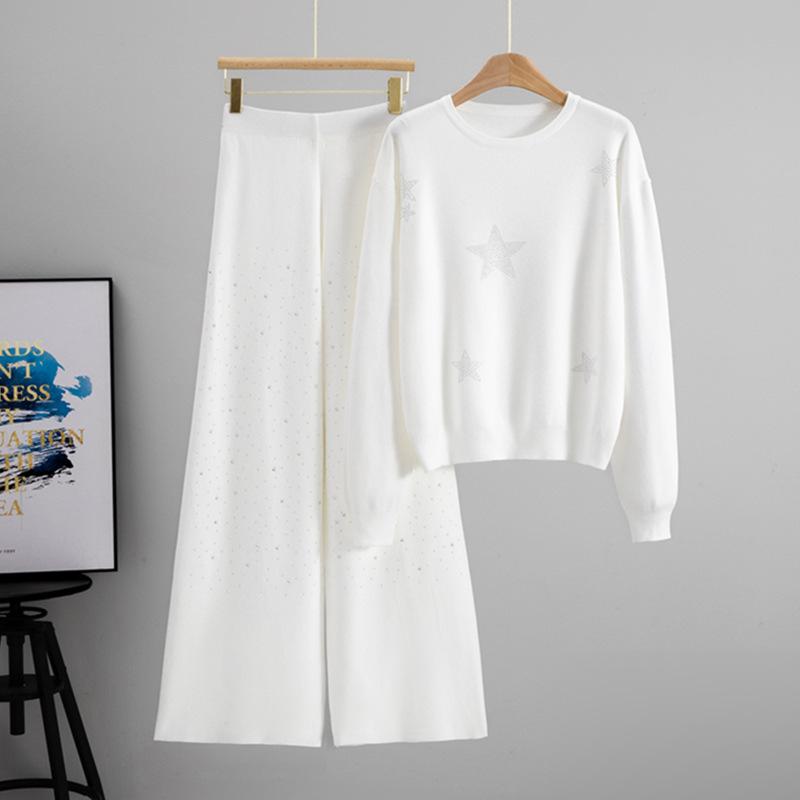 Fashion Autumn New Temperament Hot Diamond Loose Sweater Wide-leg Pants Knitted Two-piece Set for Women