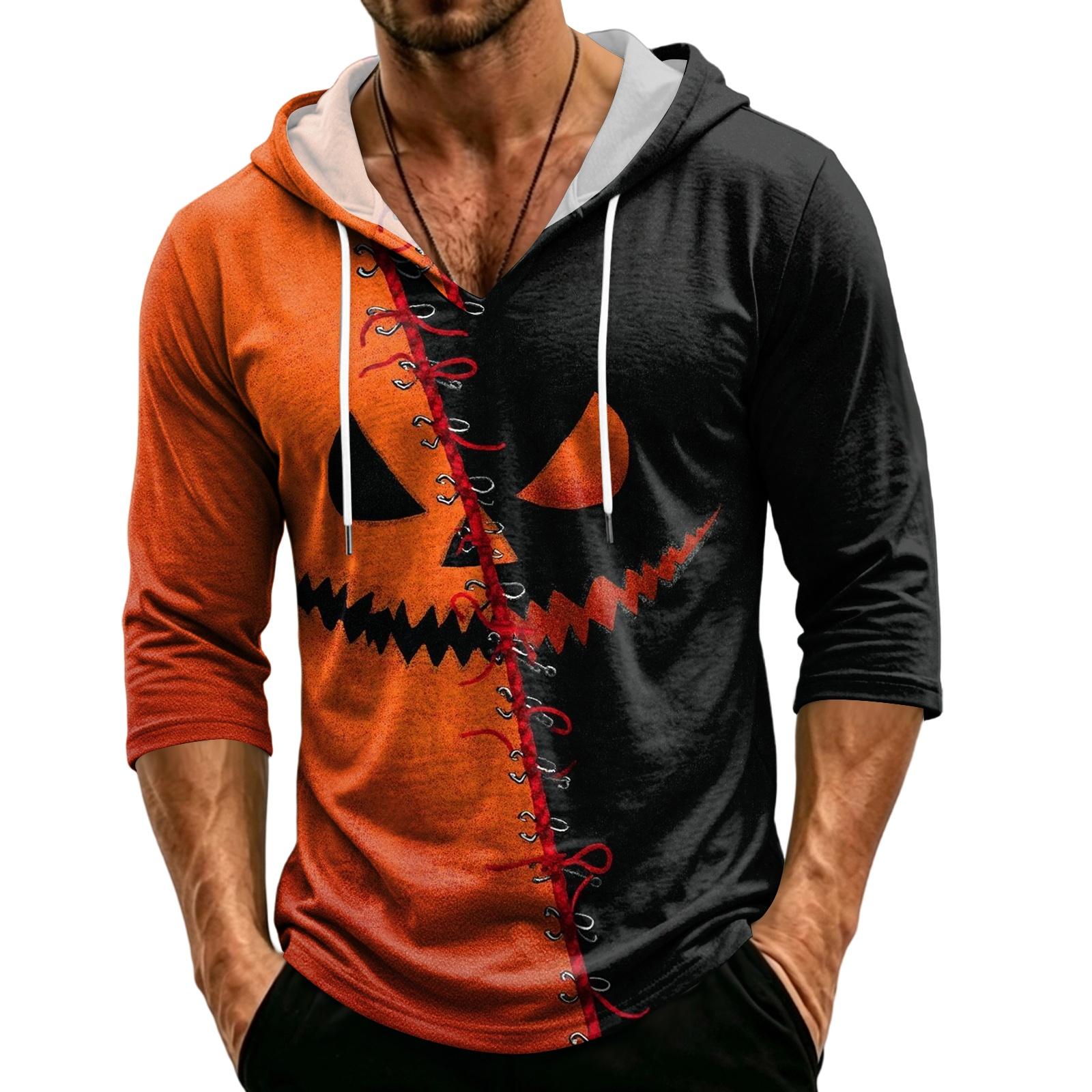 Men s Casual Hooded Three-Quarter Sleeve T-Shirt with Halloween Print for Holiday Wear XXL жёлтый
