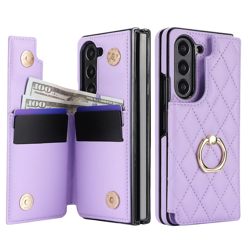 Fold7 Ring+bracket Phone Case for Samsung Galaxy Z fold 7 6 5 4 3 Double Buckle Card Holder Wallet Diamond Grid Pu Leather Cover