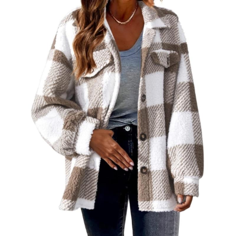 Women's Brushed Plaid Shirts Long Sleeve Flannel Lapel Button Down Pocketed Shacket Flannel Jacket Coats