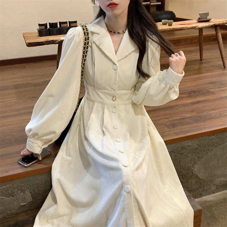 Women's spring clothing new French suit collar design can be sweet and salty medium and long skirt corduroy dress
